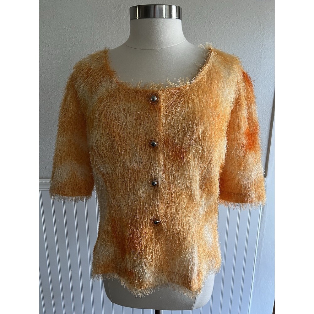 Vintage 90s Women's Short Sleeve Cardigan Top Hairy Fuzzy Orange Ombre 2XL